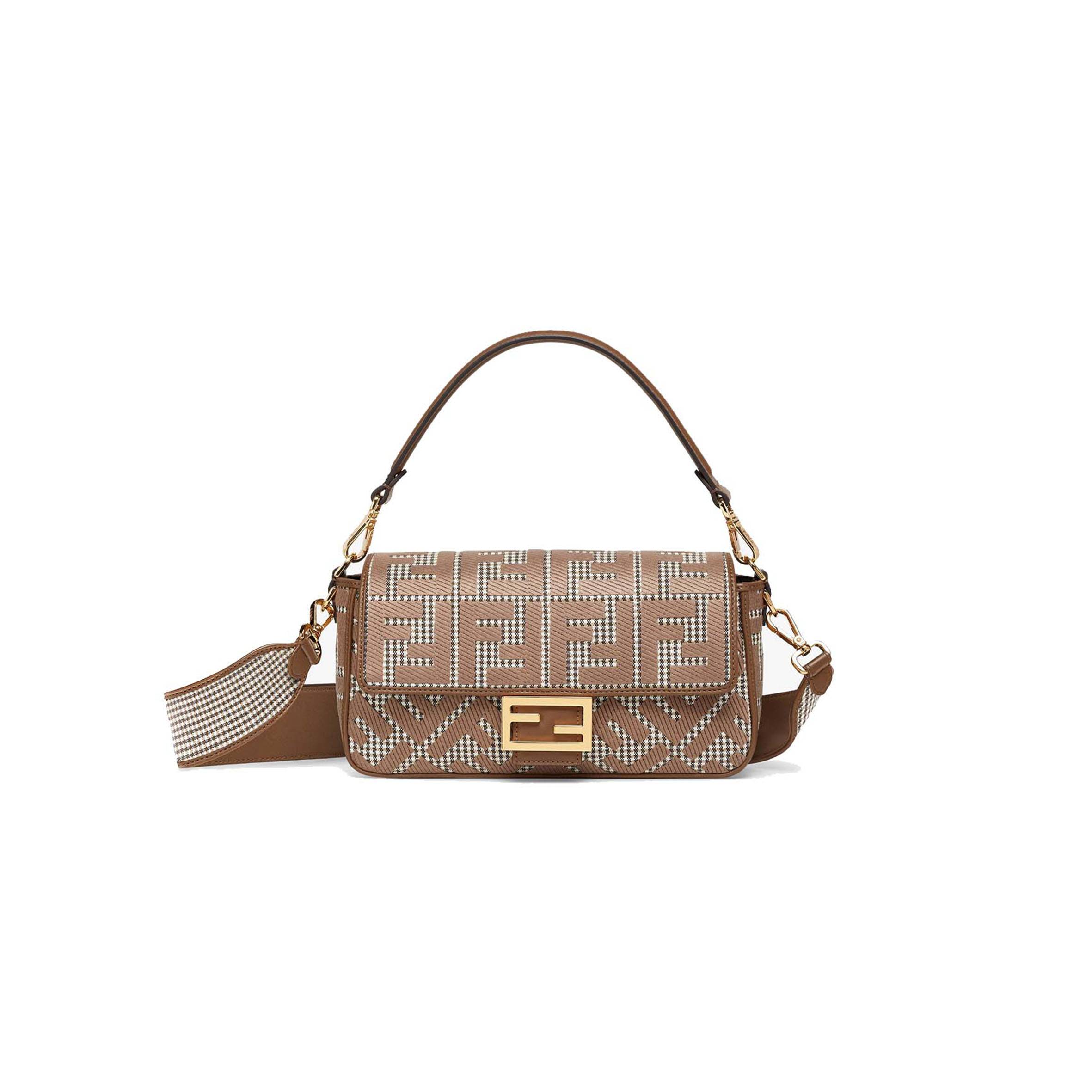 F**di baguette - brown houndstooth wool bag with ff embroidery 8br600akrzf1irg (27*15*6cm)