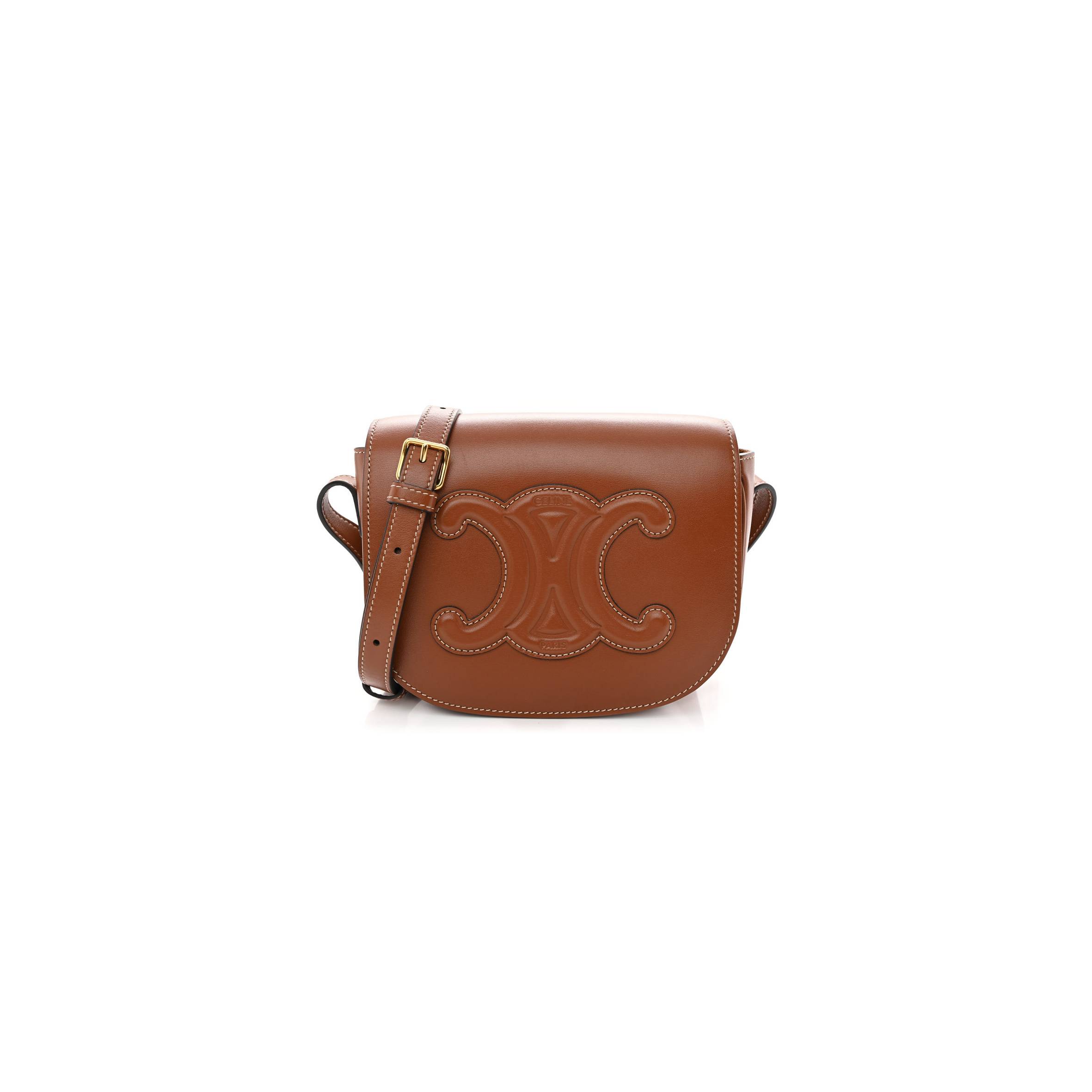 Ce**e smooth calfskin cuir triomphe folco crossbody bag tan (19*16*6cm)